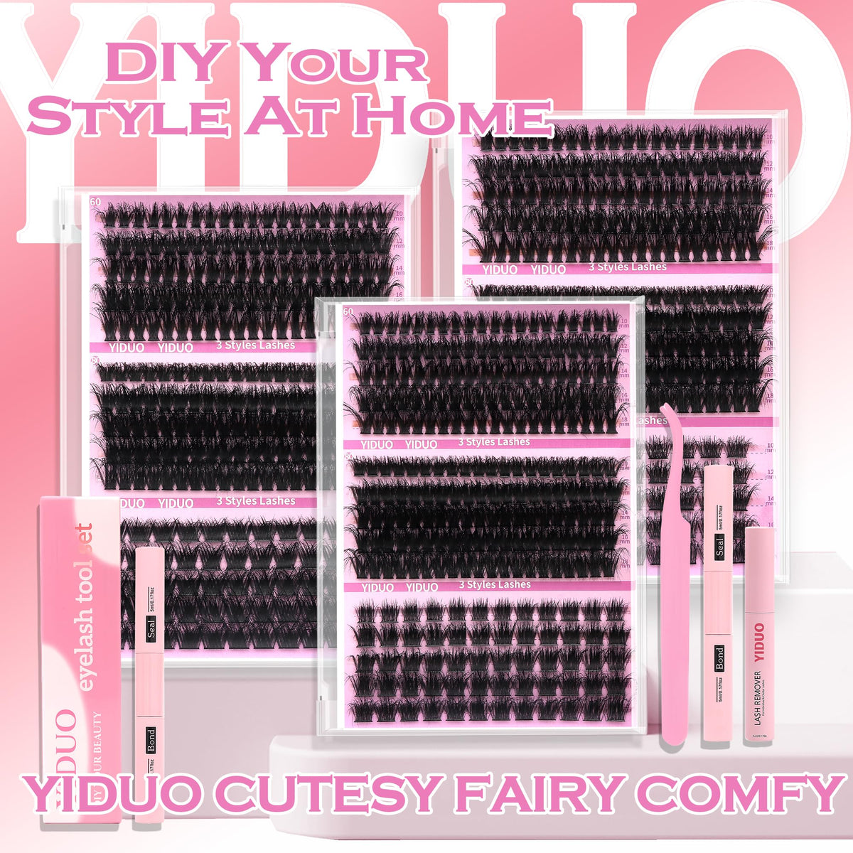 YIDUO 1846Pcs Lash Clusters Kit with Spikes+Bottom Cluster Lashes Kit Mix Styles 10-18mm Volume D Curly Wispy Soft DIY Individual Eyelash Extension Kit with Glue pestañas postizas Wholesale Large Pack