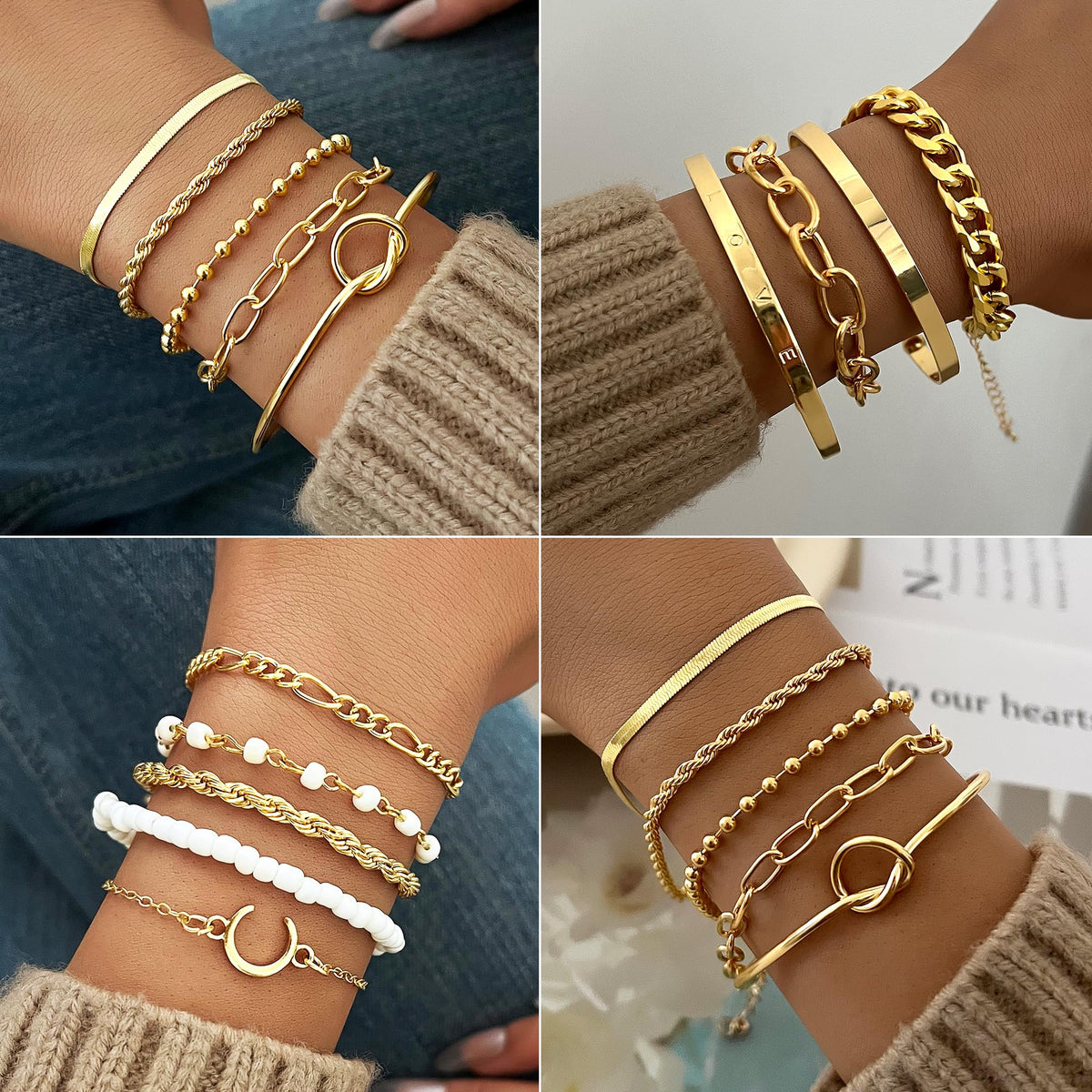 FAXHION 68 Pcs Gold Jewelry Set for Women with 7 Necklace, 17 Bracelet, 5 Hoop Earrings, 15 Stud Earrings, 24 Knuckle Rings for Women Jewelry Set for Women Gift