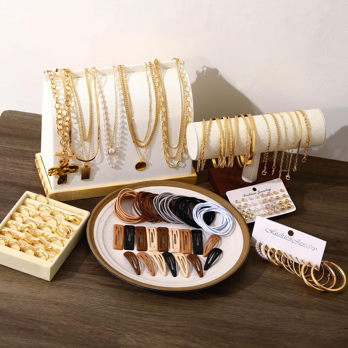 FAXHION 68 Pcs Gold Jewelry Set for Women with 7 Necklace, 17 Bracelet, 5 Hoop Earrings, 15 Stud Earrings, 24 Knuckle Rings for Women Jewelry Set for Women Gift