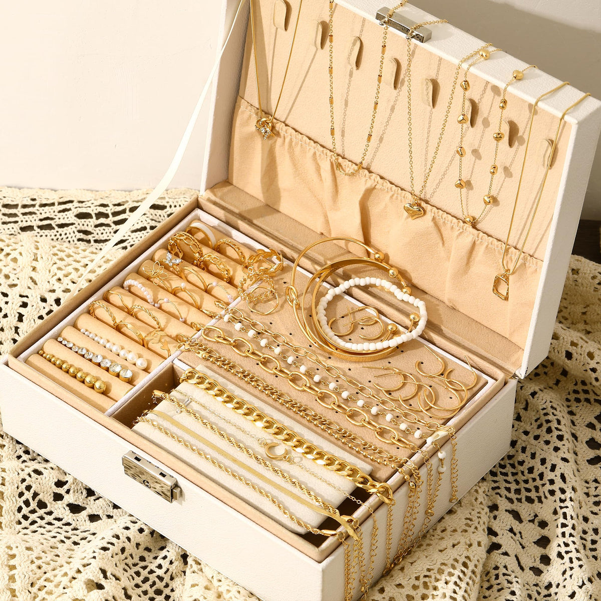 FAXHION 68 Pcs Gold Jewelry Set for Women with 7 Necklace, 17 Bracelet, 5 Hoop Earrings, 15 Stud Earrings, 24 Knuckle Rings for Women Jewelry Set for Women Gift