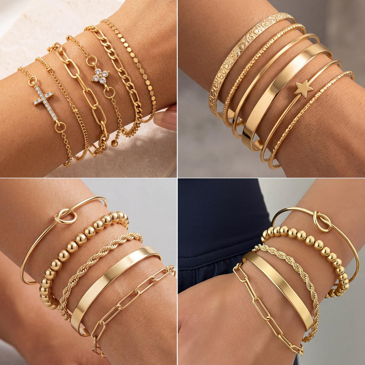 FAXHION 68 Pcs Gold Jewelry Set for Women with 7 Necklace, 17 Bracelet, 5 Hoop Earrings, 15 Stud Earrings, 24 Knuckle Rings for Women Jewelry Set for Women Gift