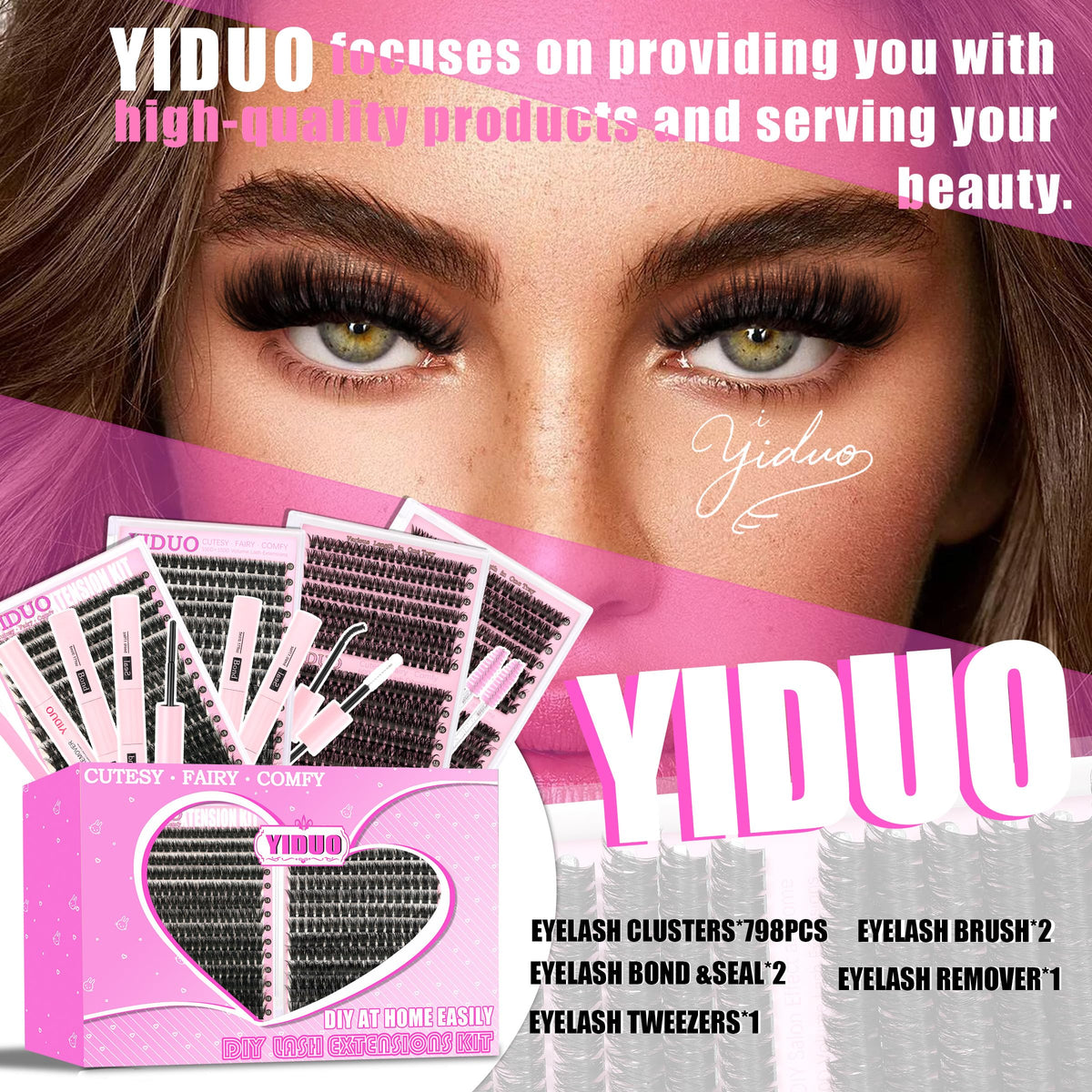 YIDUO 1846Pcs Lash Clusters Kit with Spikes+Bottom Cluster Lashes Kit Mix Styles 10-18mm Volume D Curly Wispy Soft DIY Individual Eyelash Extension Kit with Glue pestañas postizas Wholesale Large Pack