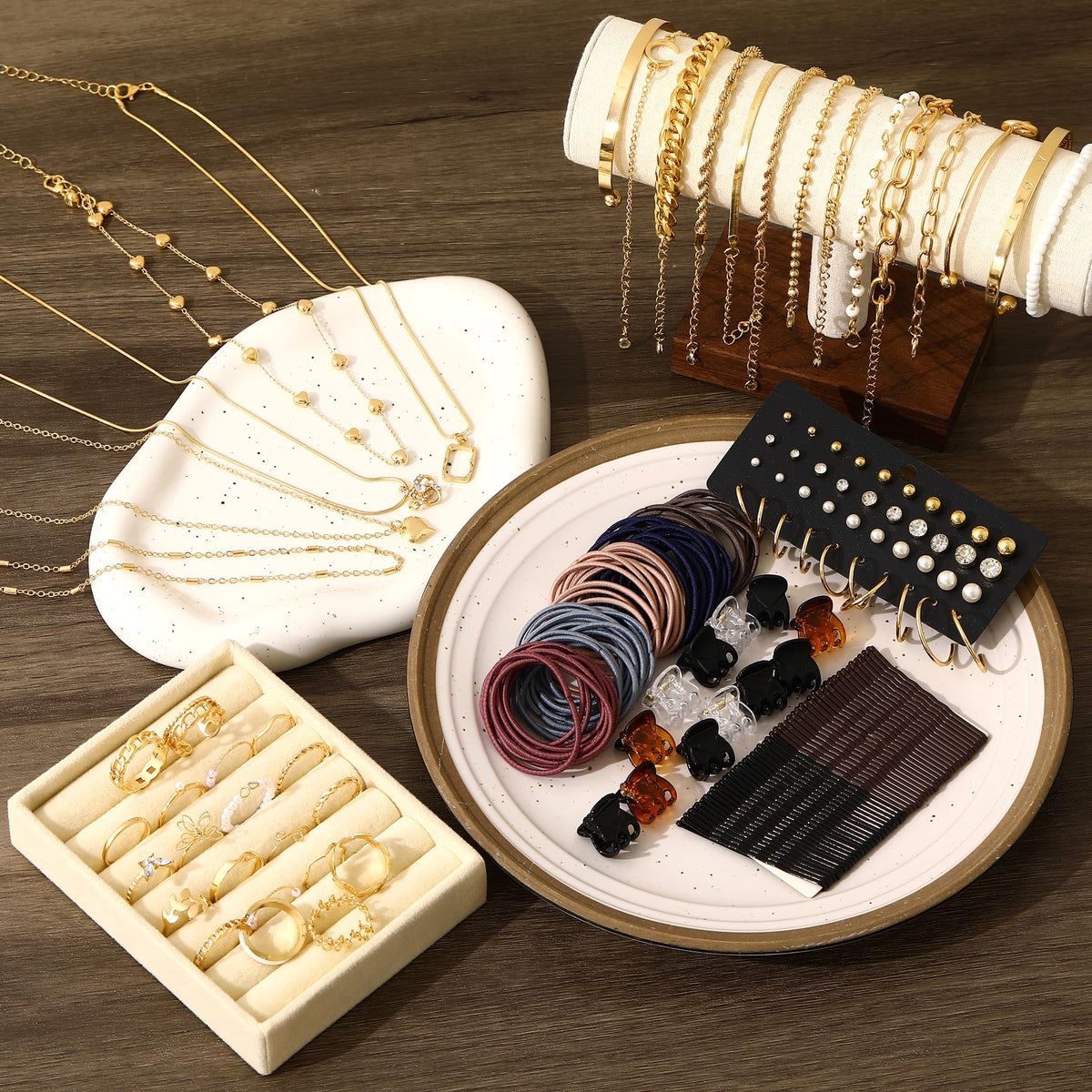 FAXHION 68 Pcs Gold Jewelry Set for Women with 7 Necklace, 17 Bracelet, 5 Hoop Earrings, 15 Stud Earrings, 24 Knuckle Rings for Women Jewelry Set for Women Gift