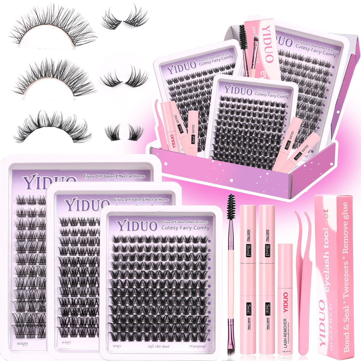 YIDUO 1846Pcs Lash Clusters Kit with Spikes+Bottom Cluster Lashes Kit Mix Styles 10-18mm Volume D Curly Wispy Soft DIY Individual Eyelash Extension Kit with Glue pestañas postizas Wholesale Large Pack