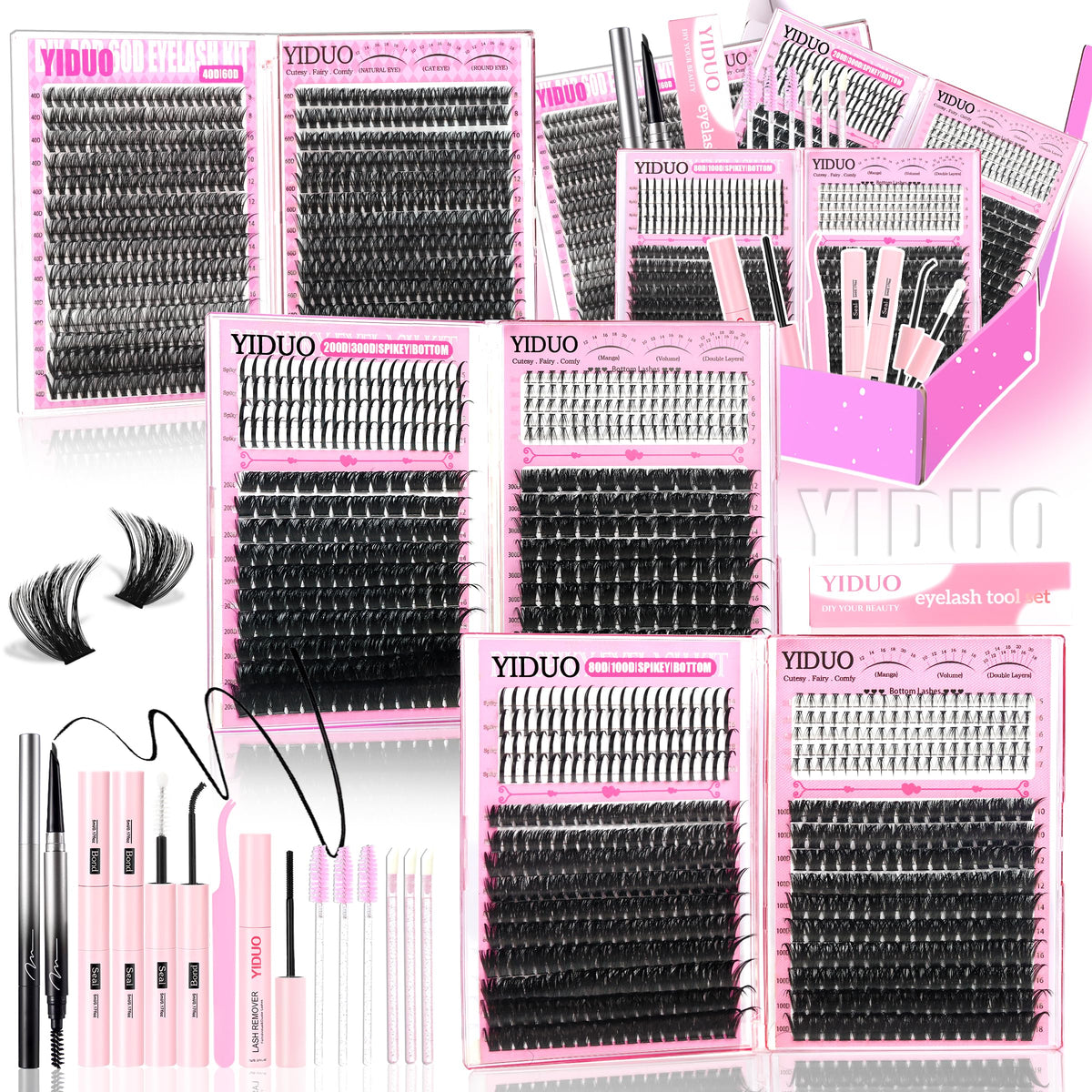YIDUO 1846Pcs Lash Clusters Kit with Spikes+Bottom Cluster Lashes Kit Mix Styles 10-18mm Volume D Curly Wispy Soft DIY Individual Eyelash Extension Kit with Glue pestañas postizas Wholesale Large Pack