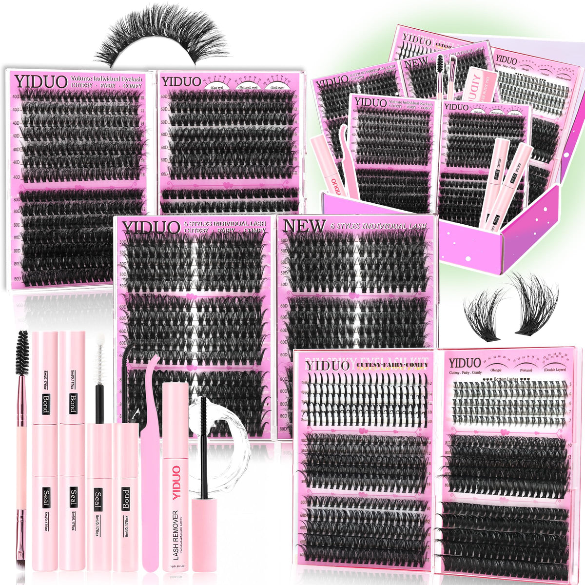 YIDUO 1846Pcs Lash Clusters Kit with Spikes+Bottom Cluster Lashes Kit Mix Styles 10-18mm Volume D Curly Wispy Soft DIY Individual Eyelash Extension Kit with Glue pestañas postizas Wholesale Large Pack