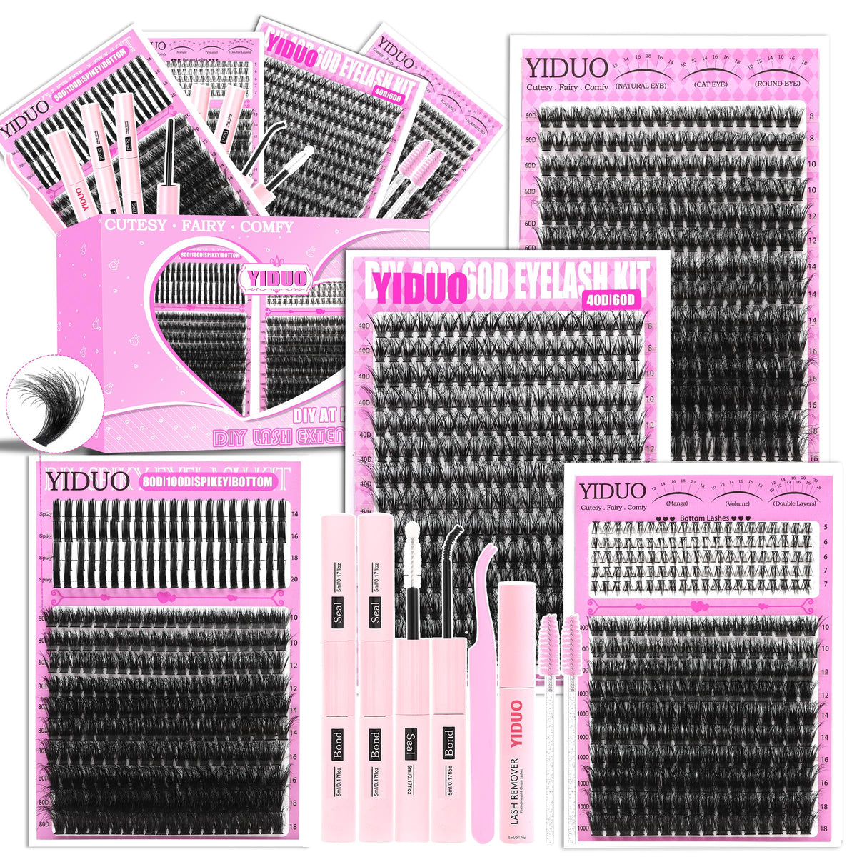 YIDUO 1846Pcs Lash Clusters Kit with Spikes+Bottom Cluster Lashes Kit Mix Styles 10-18mm Volume D Curly Wispy Soft DIY Individual Eyelash Extension Kit with Glue pestañas postizas Wholesale Large Pack