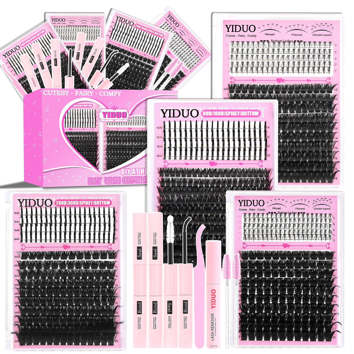 YIDUO 1846Pcs Lash Clusters Kit with Spikes+Bottom Cluster Lashes Kit Mix Styles 10-18mm Volume D Curly Wispy Soft DIY Individual Eyelash Extension Kit with Glue pestañas postizas Wholesale Large Pack
