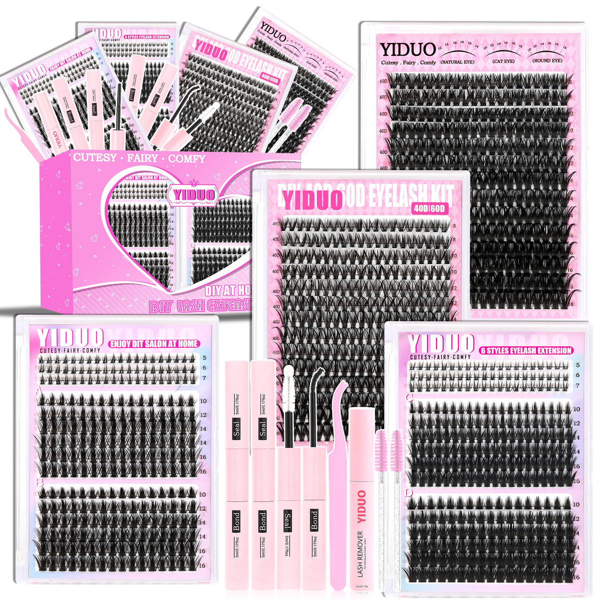 YIDUO 1846Pcs Lash Clusters Kit with Spikes+Bottom Cluster Lashes Kit Mix Styles 10-18mm Volume D Curly Wispy Soft DIY Individual Eyelash Extension Kit with Glue pestañas postizas Wholesale Large Pack