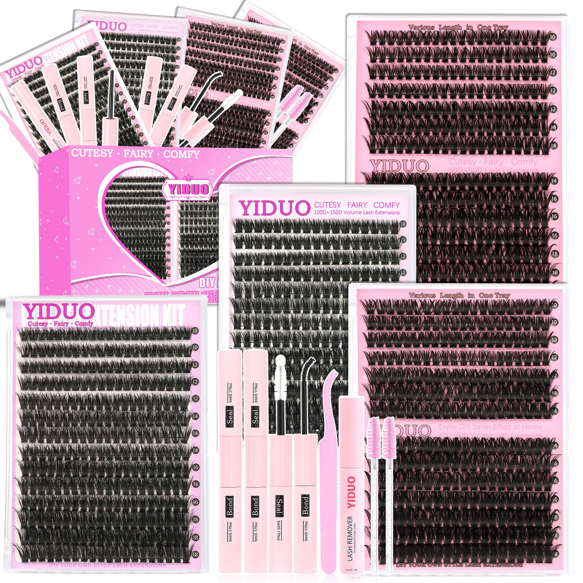 YIDUO 1846Pcs Lash Clusters Kit with Spikes+Bottom Cluster Lashes Kit Mix Styles 10-18mm Volume D Curly Wispy Soft DIY Individual Eyelash Extension Kit with Glue pestañas postizas Wholesale Large Pack