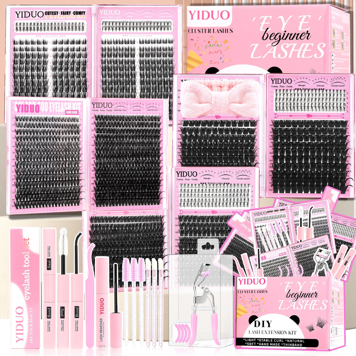 YIDUO 1846Pcs Lash Clusters Kit with Spikes+Bottom Cluster Lashes Kit Mix Styles 10-18mm Volume D Curly Wispy Soft DIY Individual Eyelash Extension Kit with Glue pestañas postizas Wholesale Large Pack