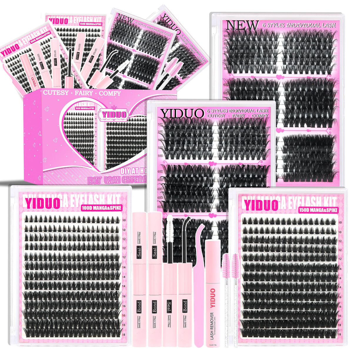 YIDUO 1846Pcs Lash Clusters Kit with Spikes+Bottom Cluster Lashes Kit Mix Styles 10-18mm Volume D Curly Wispy Soft DIY Individual Eyelash Extension Kit with Glue pestañas postizas Wholesale Large Pack