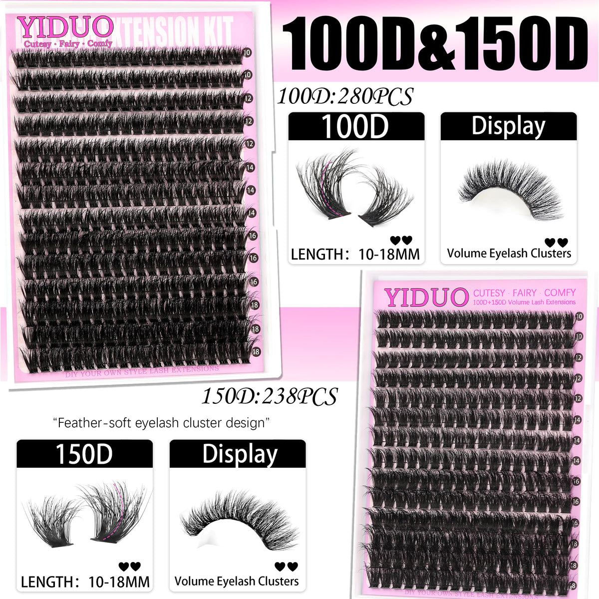 YIDUO 1846Pcs Lash Clusters Kit with Spikes+Bottom Cluster Lashes Kit Mix Styles 10-18mm Volume D Curly Wispy Soft DIY Individual Eyelash Extension Kit with Glue pestañas postizas Wholesale Large Pack